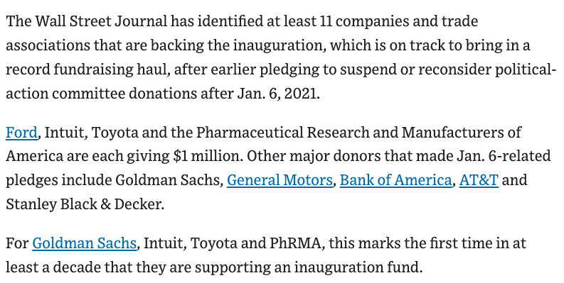 RBReich's tweet photo. At least 11 corporations that denounced the Jan 6 insurrection or paused political donations are now lining up to fund Trump's inauguration.

Let this serve as a reminder that Corporate America will sell out our democracy, decency, and the rule of law — all for a tax break. https://t.co/vacWvE2Jgs