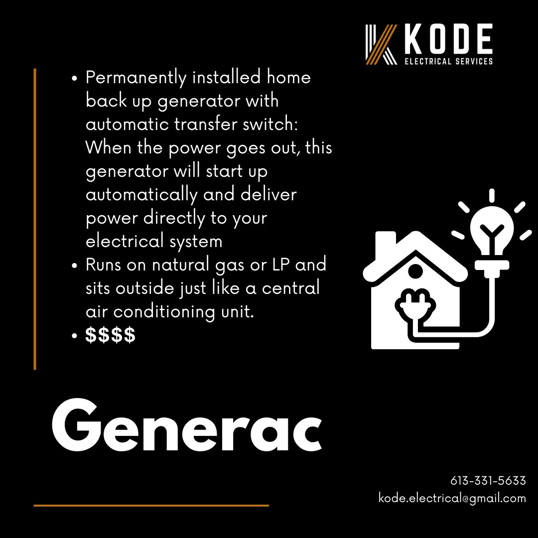 KodeElectricYGK's tweet image. It’s that time of year again! #Generac  vs. #GenerLink
What are your options when the power goes out?
The Generac and Generlink systems are two of the most common, but what is the difference, and what option is better for you? #electrician #poweringyourprojects