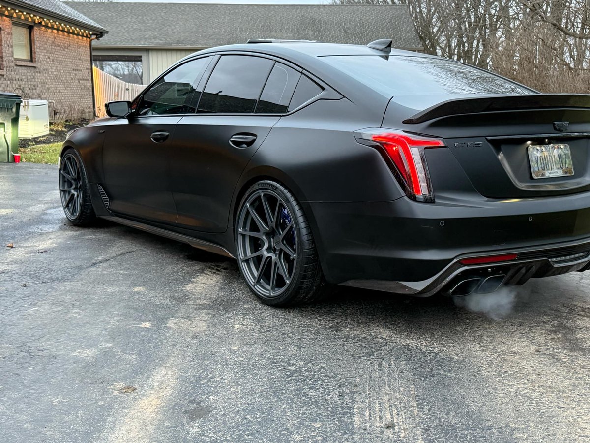 ForgelineWheels's tweet photo. Now we just need a #supervillain and a secret lair. Tim King's 2024 #Cadillac #CT5V #Blackwing may have turned to the dark side, but at least it has ample traction, thanks to these 285/30ZR20 & 325/25ZR20 Michelin Pilot Sport 4S tires and 20x10.5/20x12 #Forgeline one piece forged #monoblock #GA1ROpenLug wheels finished in Frozen Charcoal! See more at: https://t.co/N7mPUATZSq