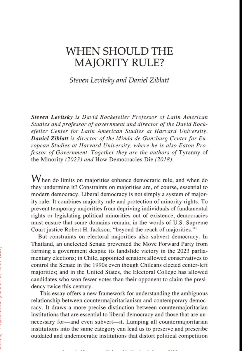 In a democracy, when and where should majorities rule? And when should their powers ever be limited? Steve Levitsky and I propose a framework to think through these questions in a new piece in the January 2025 issue of 'Journal of Democracy'
muse.jhu.edu/article/947880