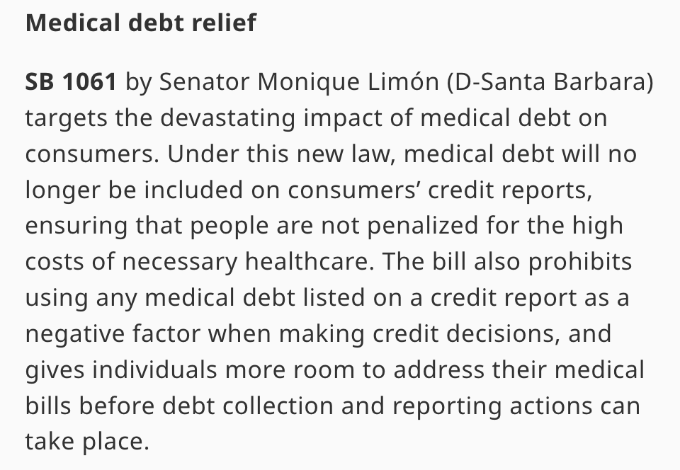 Neale Mahoney (@nealemahoney) on Twitter photo Starting January 1, 2025, medical debt will no longer be listed on Californians' credit reports and cannot be used in lending decisions.
🧵on why I support this policy 👇
<a href="/GovPressOffice/">Governor Newsom Press Office</a> <a href="/MoniqueLimonCA/">Senator Monique Limón</a> Starting January 1, 2025, medical debt will no longer be listed on Californians' credit reports and cannot be used in lending decisions.
🧵on why I support this policy 👇
<a href="/GovPressOffice/">Governor Newsom Press Office</a> <a href="/MoniqueLimonCA/">Senator Monique Limón</a>