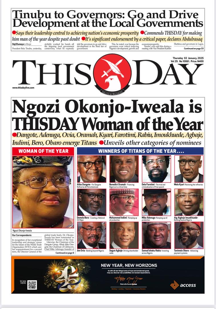 NOIweala's tweet image. Many thanks to This Day, its parent company The Arise Group, Nigeria’s premier media company and its CEO Nduka Obaigbena for this wonderful recognition. An added positive note to the start of 2025!
