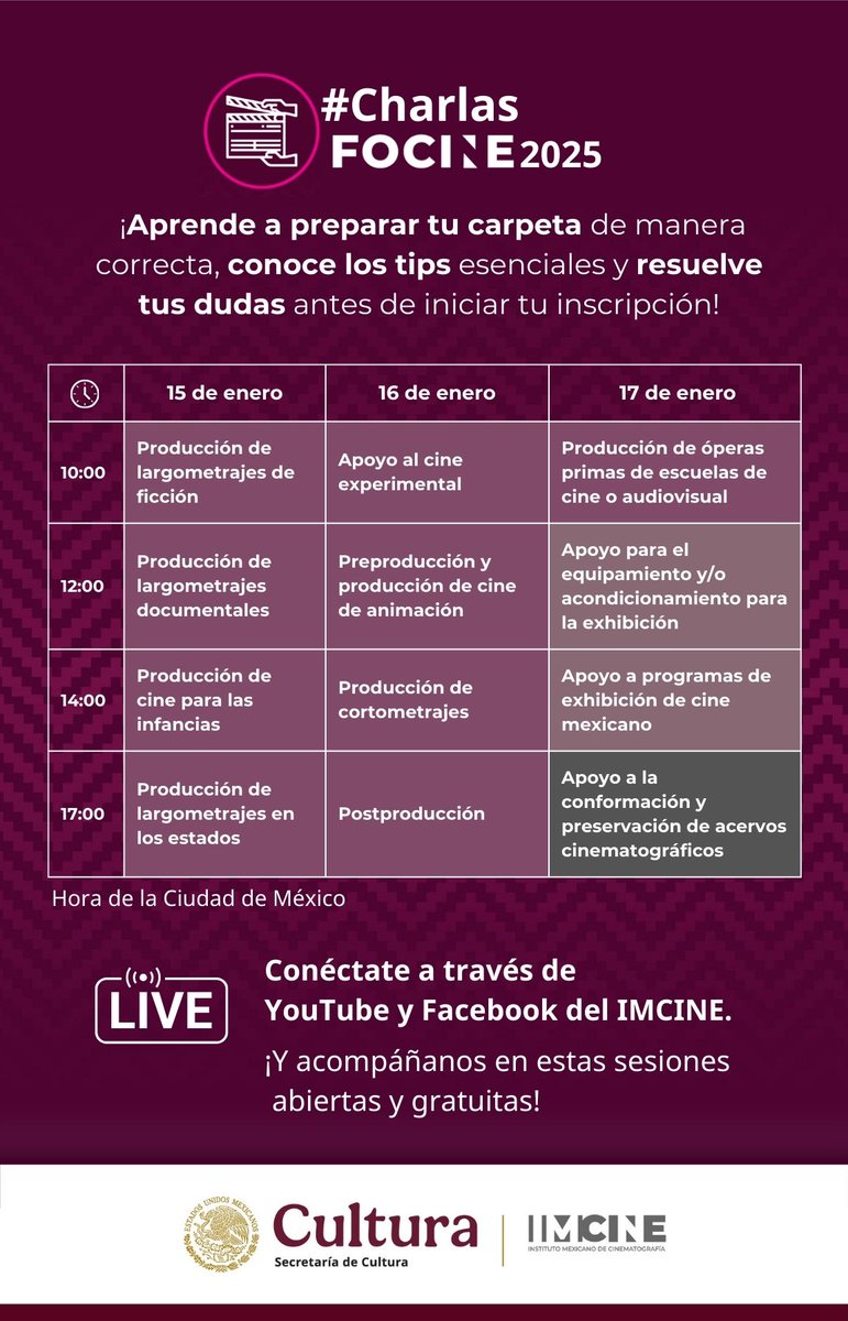 🎬 ¿Quieres aplicar a las convocatorias de fomento al cine mexicano? Te ayudamos a hacerlo de manera efectiva.

👉 ¡Te esparamos en las #CharlasFOCINE! #FOCINE