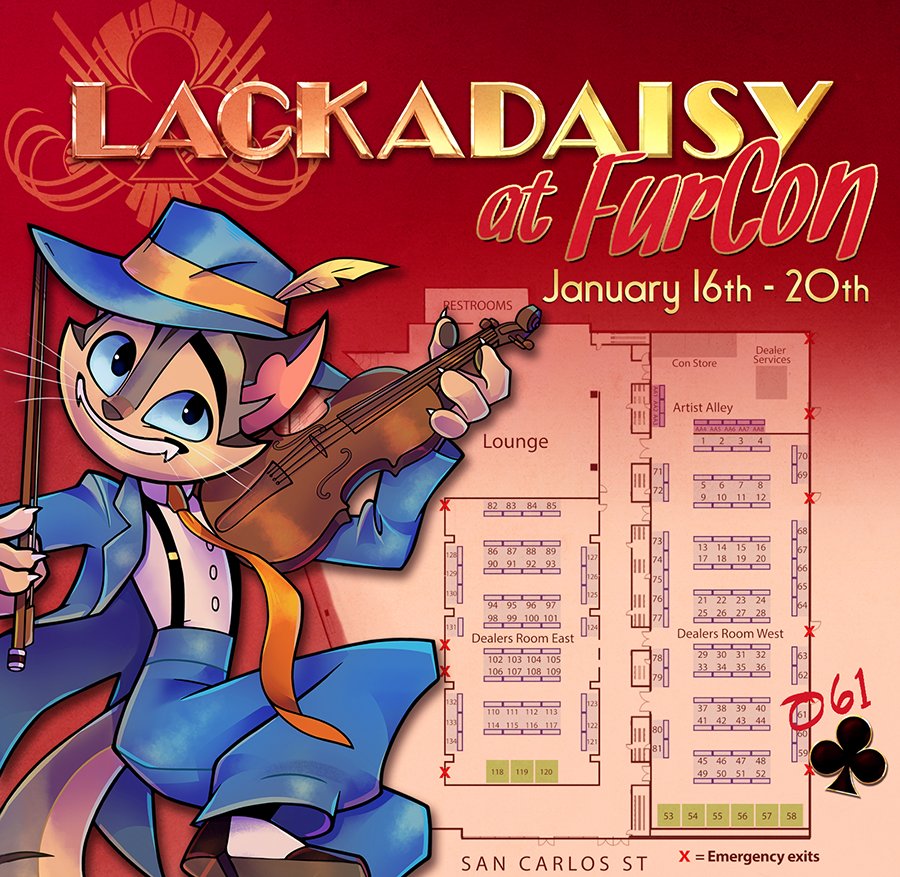 LackadaisyCats's tweet image. So, @fablepaint and I, and some of the crew will be at Further Confusion (FurCon) in San Jose from January 16th-20th.
We'll be at dealer table 61 and we'll be hosting an Animation panel on Sunday. If you're heading that way, I hope we'll catch you there!
#Lackadaisy #furcon