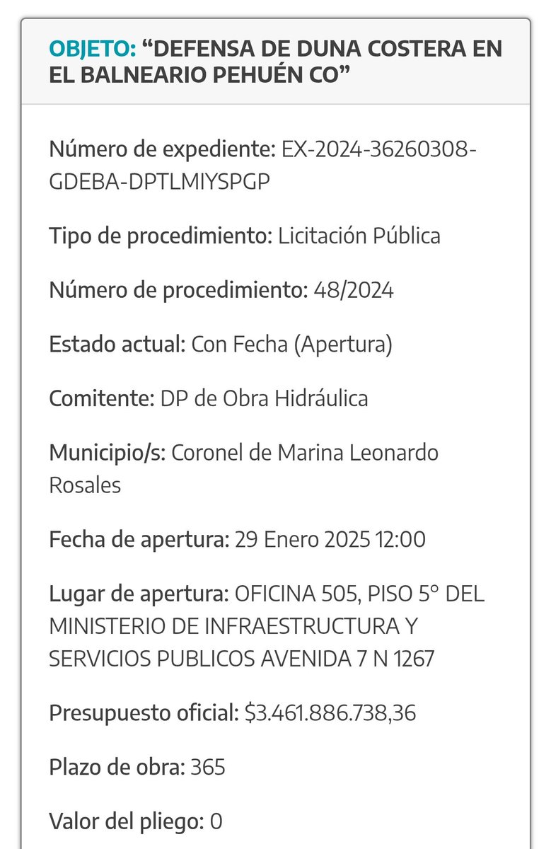 🏝️ LICITACIÓN PARA LA OBRA DE PROTECCIÓN COSTERA EN PEHUEN CO.

💲 Con una inversión que supera los 3.400 millones de pesos, la Provincia de Buenos Aires publicó el llamado a licitación para la tan esperada obra de protección costera en  nuestro Balneario Pehuen Co.

🚧 Este