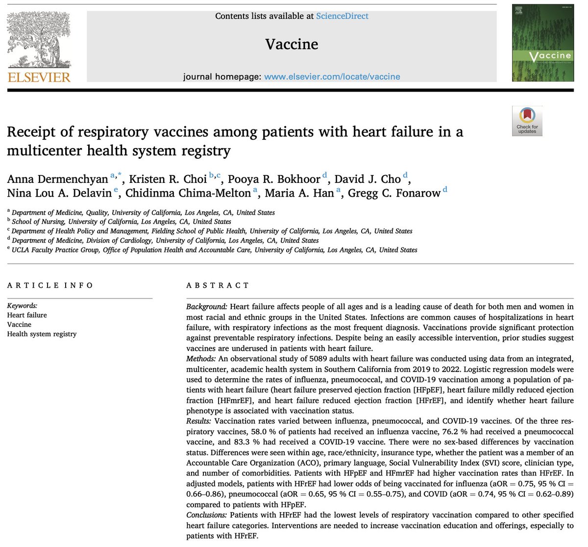 Respiratory infections worsen outcomes in #HeartFailure. 🩺 Our study found that HFrEF patients (the sickest) have lower #vaccination rates for flu, pneumococcal, &amp; COVID-19 compared to HFpEF.

Read how we can improve care &amp; save lives: doi.org/10.1016/j.vacc…