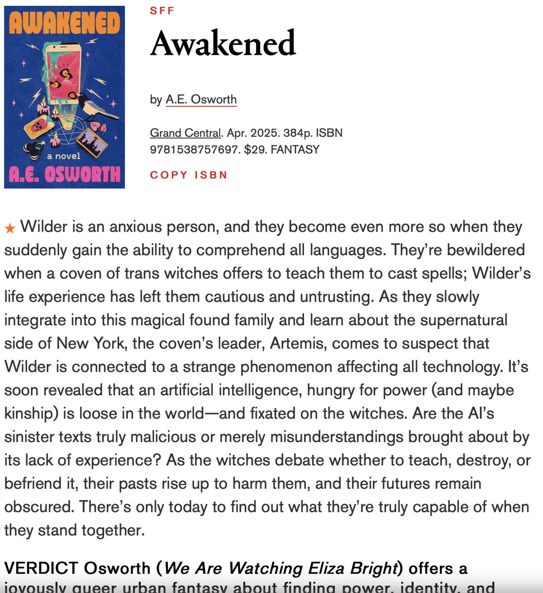 A starred review is born! <a href="/AEOsworth/">Austen E. Osworth</a> <a href="/GrandCentralPub/">Grand Central Pub</a>