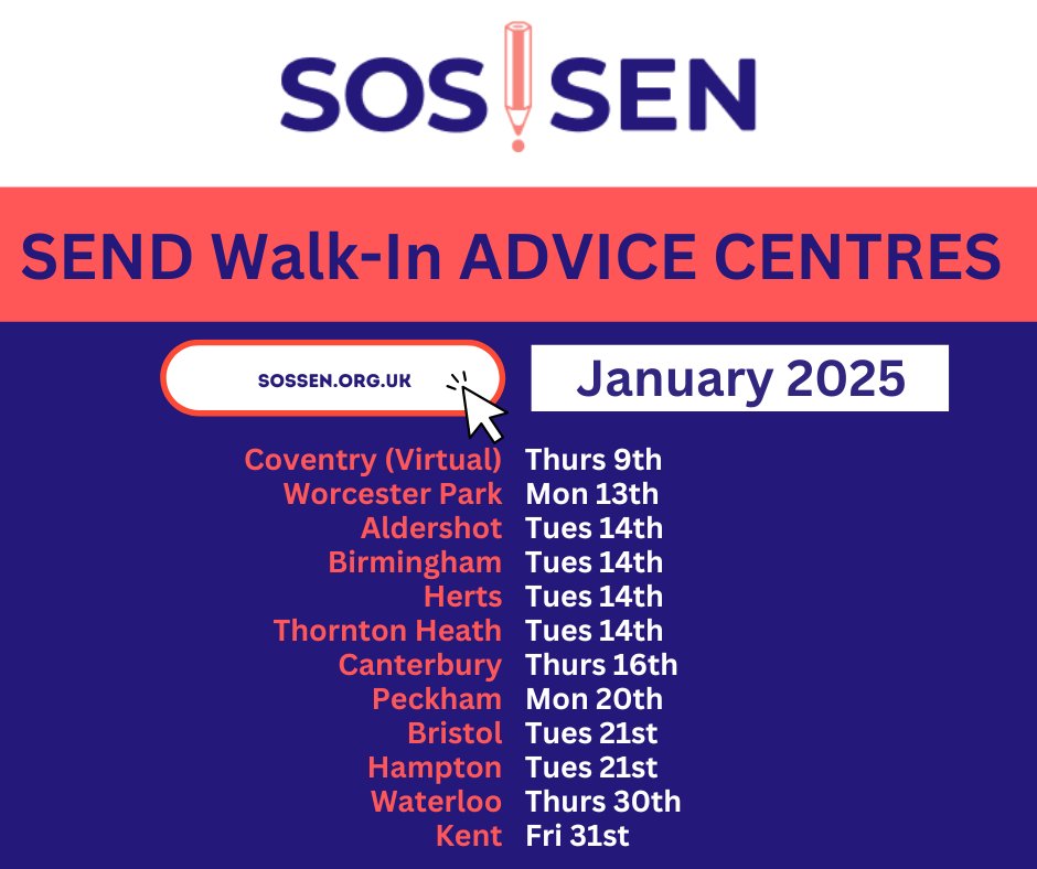 Our Walk-In Advice Centres are here offering guidance

sossen.org.uk/services/walk-…
#Coventry #WorcesterPark #London #Aldershot #Hampshire #Birmingham #Hertfordshire #ThorntonHeath #Canterbury #Peckham #Bristol #Hampton #Waterloo #Kent 

#EHCP #ADHD #Autism #PDA #SEND #carers