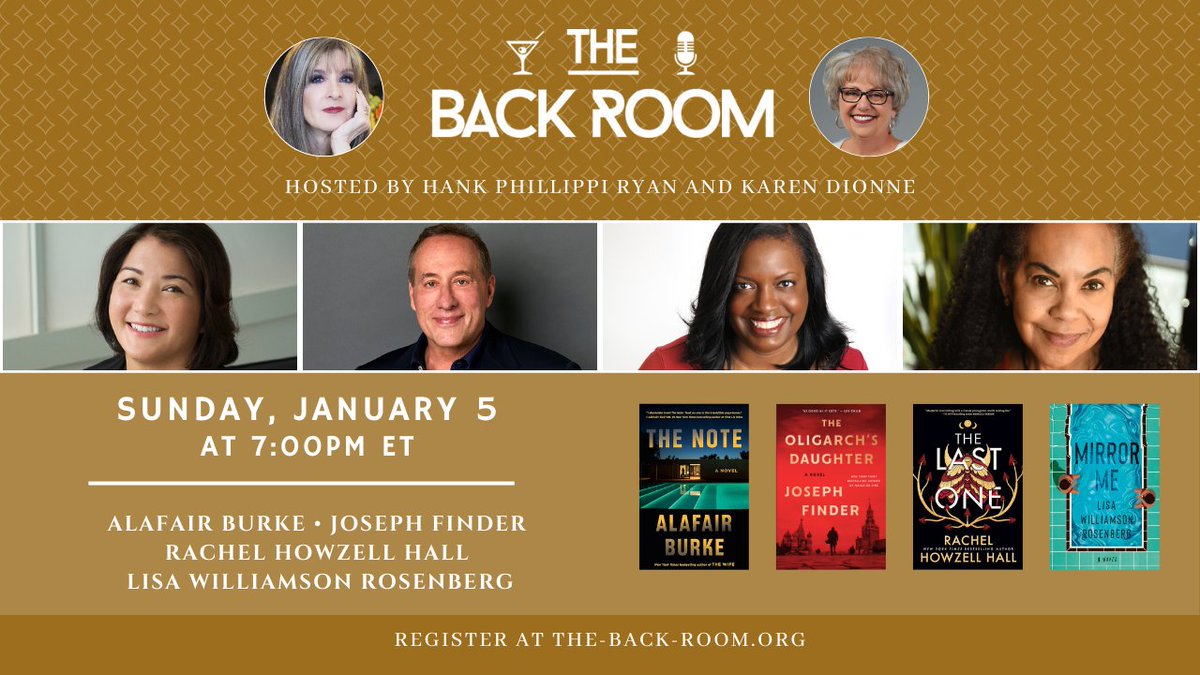This Sunday! <a href="/HankPhillippi/">Hank Phillippi Ryan</a> and I can't wait to chat up close and Zoom-personal with these four fabulous authors, and you can too! The Back Room's unique online format promises a terrific evening of relaxed conversation. Come join us!
the-back-room.org/january-5-2025…
