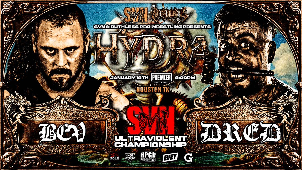 RPW: RUTHLESS PRO WRESTLING (@ruthlesspro419) on Twitter photo 🩸HYDRA🩸
SVN ULTRAVIOLENT CHAMPIONSHIP MATCH
ENFORCER VS JUDGE
BEV VS DRED
RPW x SVN HYDRA
1/18
HOUSTON
🎟️ svnwrestling.com/products/svn-r…
<a href="/HyperionBelts/">Hyperion Championship Belts</a>
<a href="/hpgd666/">Horror Pain Gore Death Productions</a> 🩸HYDRA🩸
SVN ULTRAVIOLENT CHAMPIONSHIP MATCH
ENFORCER VS JUDGE
BEV VS DRED
RPW x SVN HYDRA
1/18
HOUSTON
🎟️ svnwrestling.com/products/svn-r…
<a href="/HyperionBelts/">Hyperion Championship Belts</a>
<a href="/hpgd666/">Horror Pain Gore Death Productions</a>