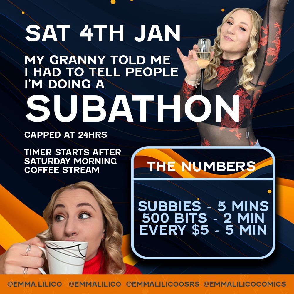 My granny told me I should do a subathon at her house on Saturday, and that I have to tell people about it. So here you go