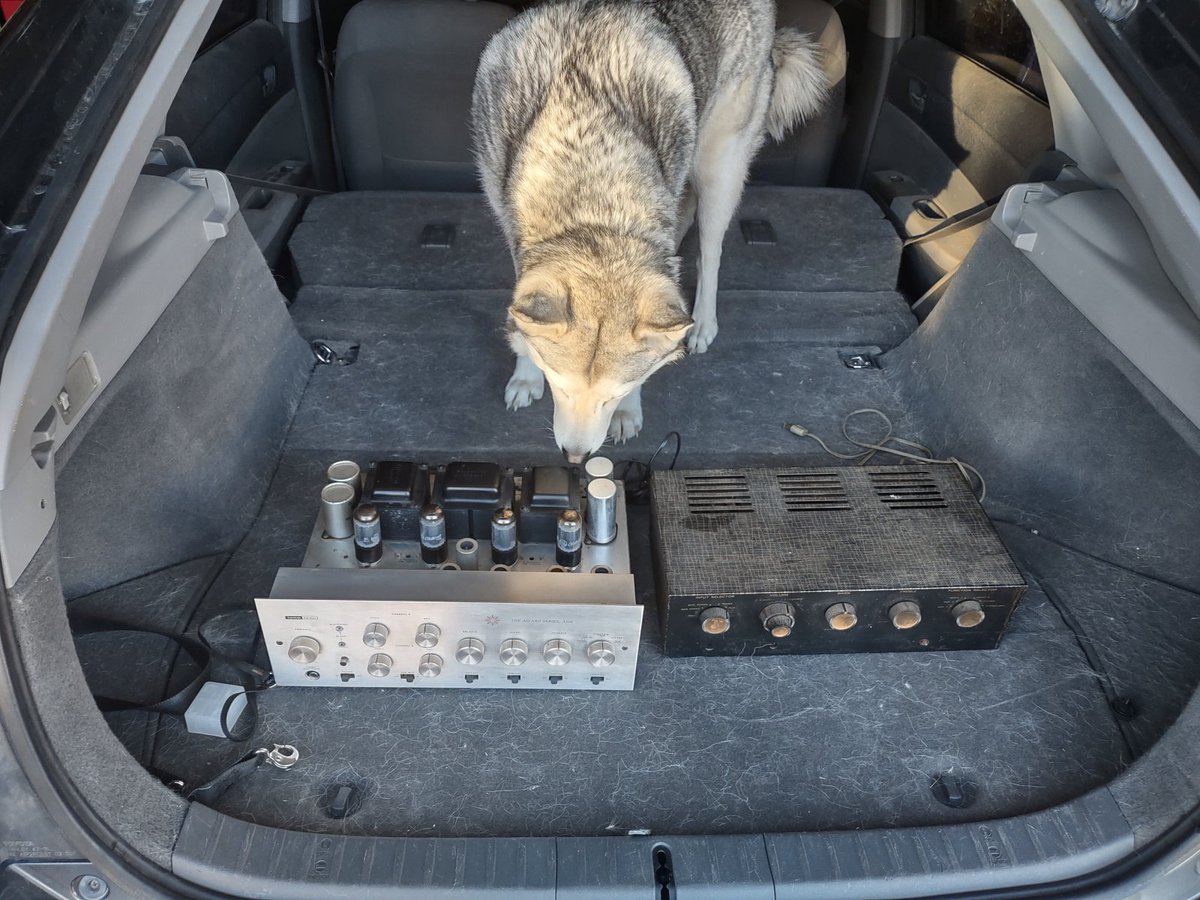 I saw a Heathkit SA-2 tube amplifier on Craigslist. I bought it works with weak left side. While there I noticed this HK A500 which I bought for 2 benjamans untested. Drove nearly an hour each way with Mishka as my ride along pal.