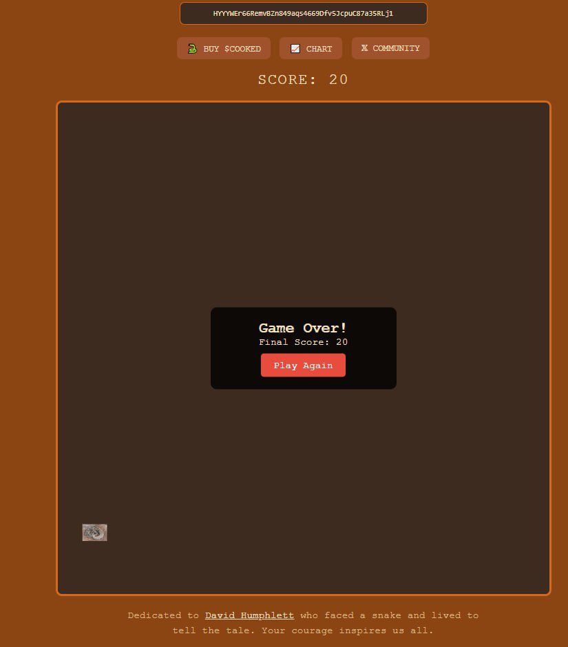 cookedsolanaog's tweet photo. $COOKED Snake  game is live https://t.co/kkMgFAgMwB

Domain is live. Website is a WIP

Drop your scores in the comments! https://t.co/jkUiqYdmBp