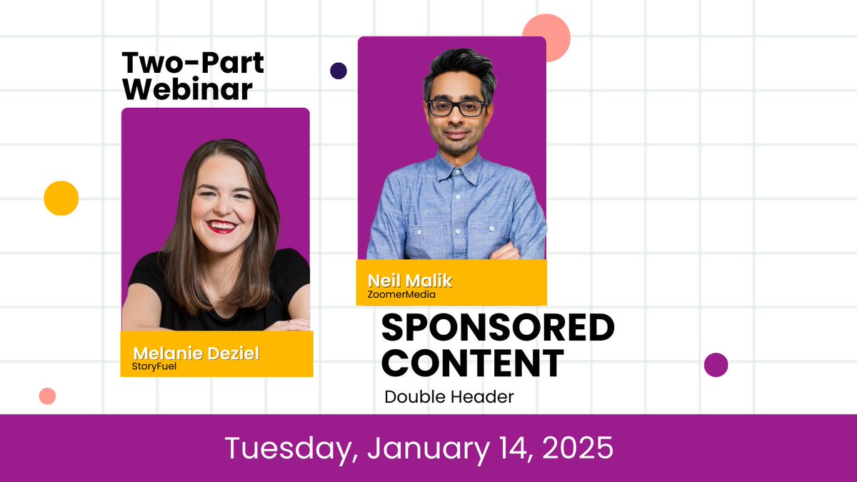 Join us on Jan 14 for a sponsored content double header featuring <a href="/mdeziel/">Melanie Deziel ♥️🖤🤍💚</a>  and Neil Malik! Hosted by <a href="/joyce_byrne/">The Byrneinator</a>, this 2 two-hour event will empower you to generate great sponsored content ideas and equip you with the tools to make them happen.⁠ tinyurl.com/mr3akujk