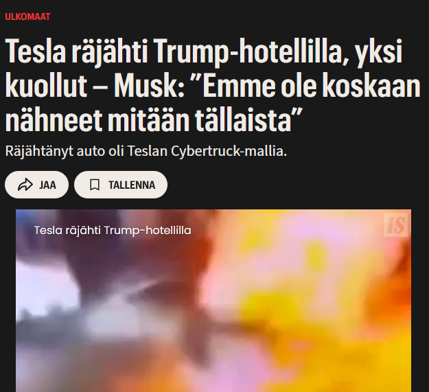 JukkaLepikko's tweet image. Fact check: Auto ei räjähtänyt, vaan sen sisällä olleet räjähteet räjäytettiin. Terroristi tappoi itsensä. Cybertruck suojasi sivullisia räjähdykseltä.

Miksi media ei pysty raportoimaan Teslaan ja Muskiin liittyvistä asioista objektiivisesti, vaan levittää disinformaatiota?