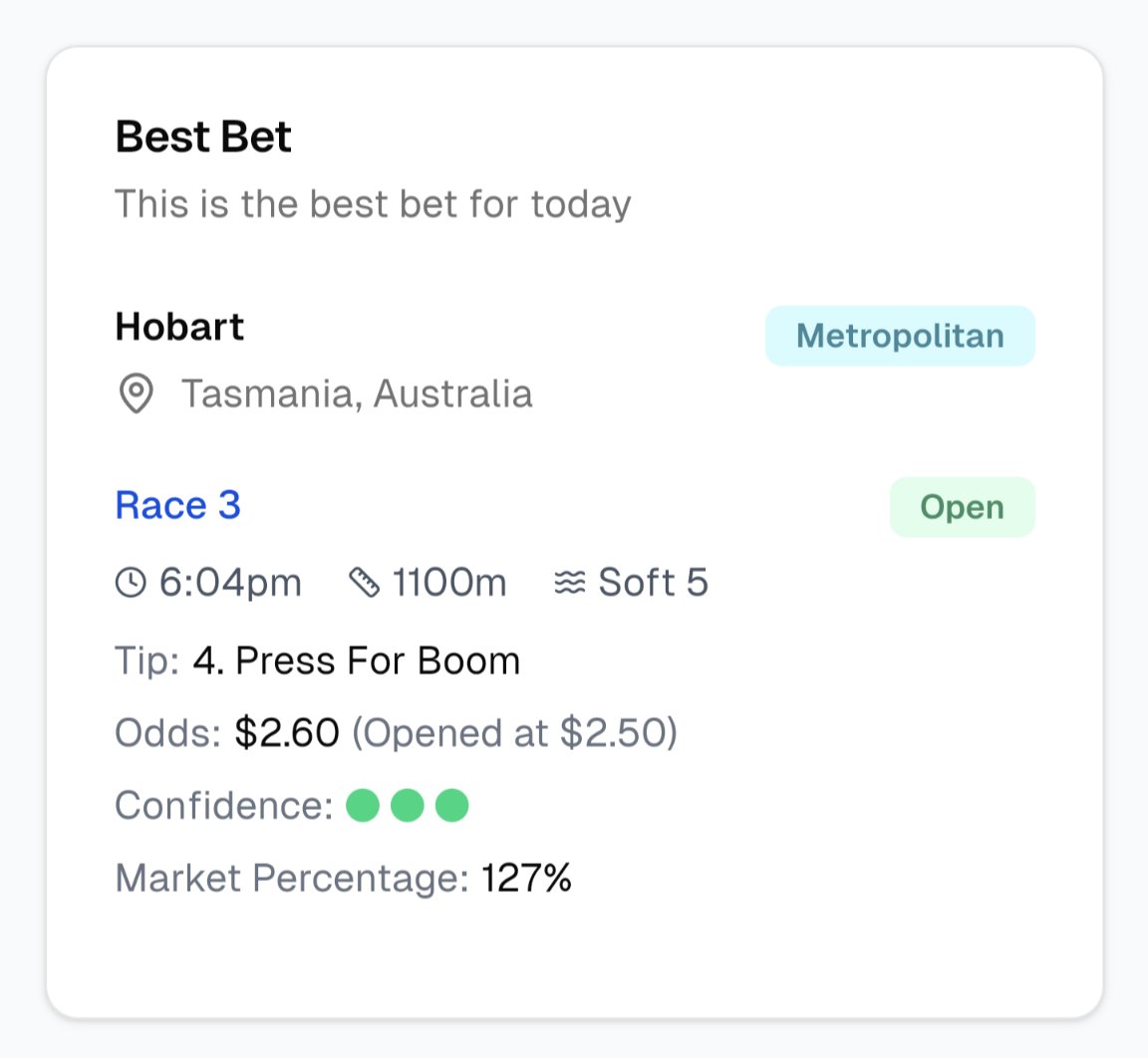 onthepuntnz's tweet photo. Best Bet - Friday 3rd Jan, 2025
Hobart
Race 3
Tip: 4. Press For Boom
Odds: $2.60

View all of today's tips:
https://t.co/JJ0gsabeCV

View results:
https://t.co/0ifpkOoOA1

#NZRacing #AusRacing #HKRacing #HorseRacing #RacingTips #AIPowered https://t.co/BQGtJvSVWi
