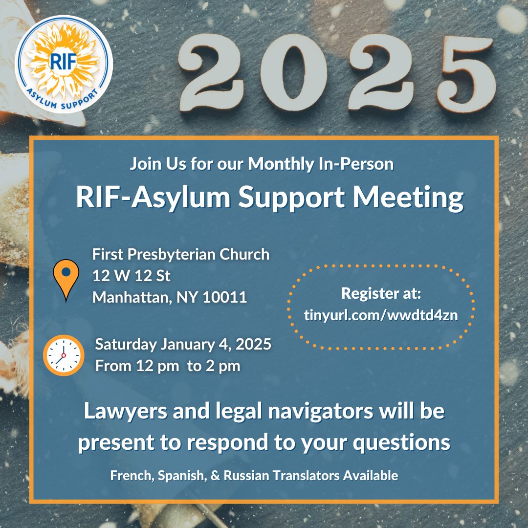 Join us every first Saturday of the month for an in-person meeting at First Presbyterian Church! There will be a consulting immigration lawyer along with RIF staff available to answer questions about work permits, asylum applications, immigration policy changes, and more.