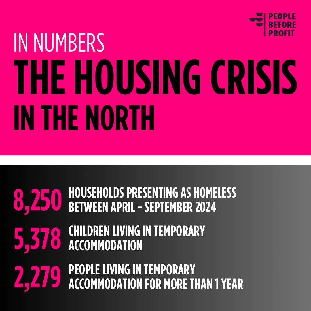 In 2024 1,403 social housing units were completed across the whole of the north. Meanwhile 8,250 households presented as homeless in just 6 months.

Decades of neoliberal ‘solutions’ have done nothing but exacerbate the situation. Drastic radical action is required now!