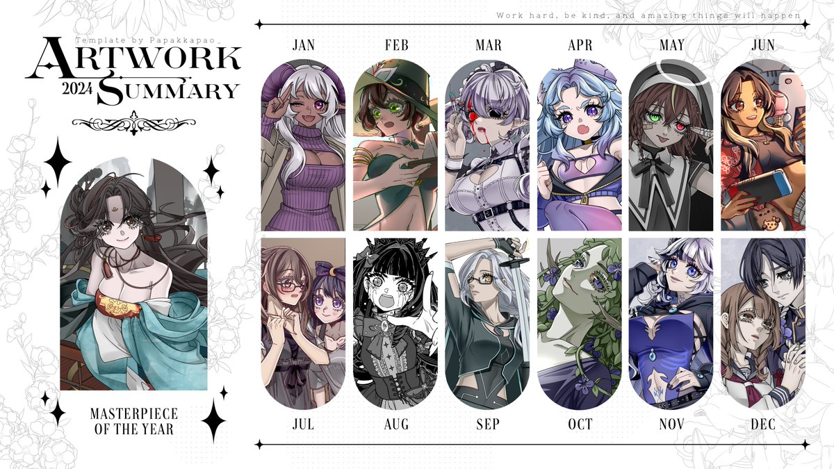 Tiarajin13's tweet image. Late art summary *&gt;w&lt;*
hehe except the main one, everything else is a commission, and they're all sho cute &lt;3
Im gonna do my best this year as well!
template by @Papakkapao_
