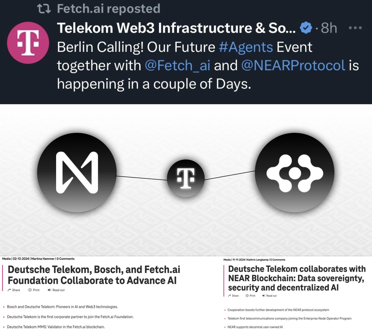 noBScrypto's tweet image. I believe the next leg up will be AI driven.

Lately we&apos;ve been seeing more and more growth of AI both in &amp;amp; out of Web3.

And now we see Deutsche Telekom mention both $FET &amp;amp; $NEAR in the upcoming Agents event!

As we know Fetch AI had partnered with both Fetch &amp;amp; NEAR just earlier…
