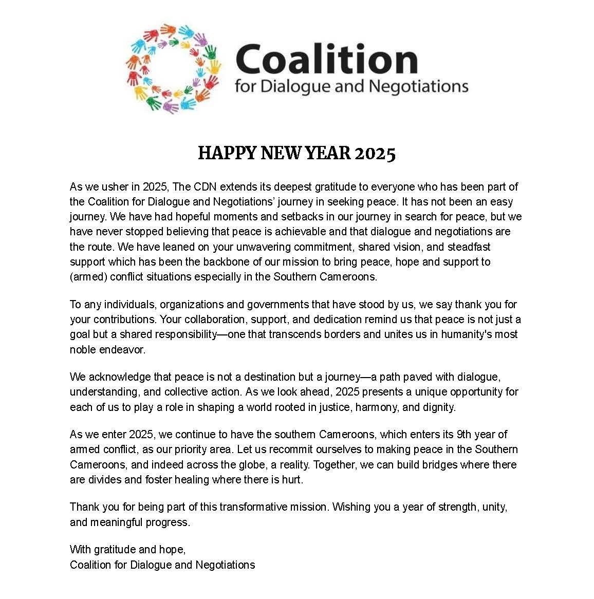 HAPPY NEW YEAR 2025
With gratitude and hope,
Coalition for Dialogue and Negotiations