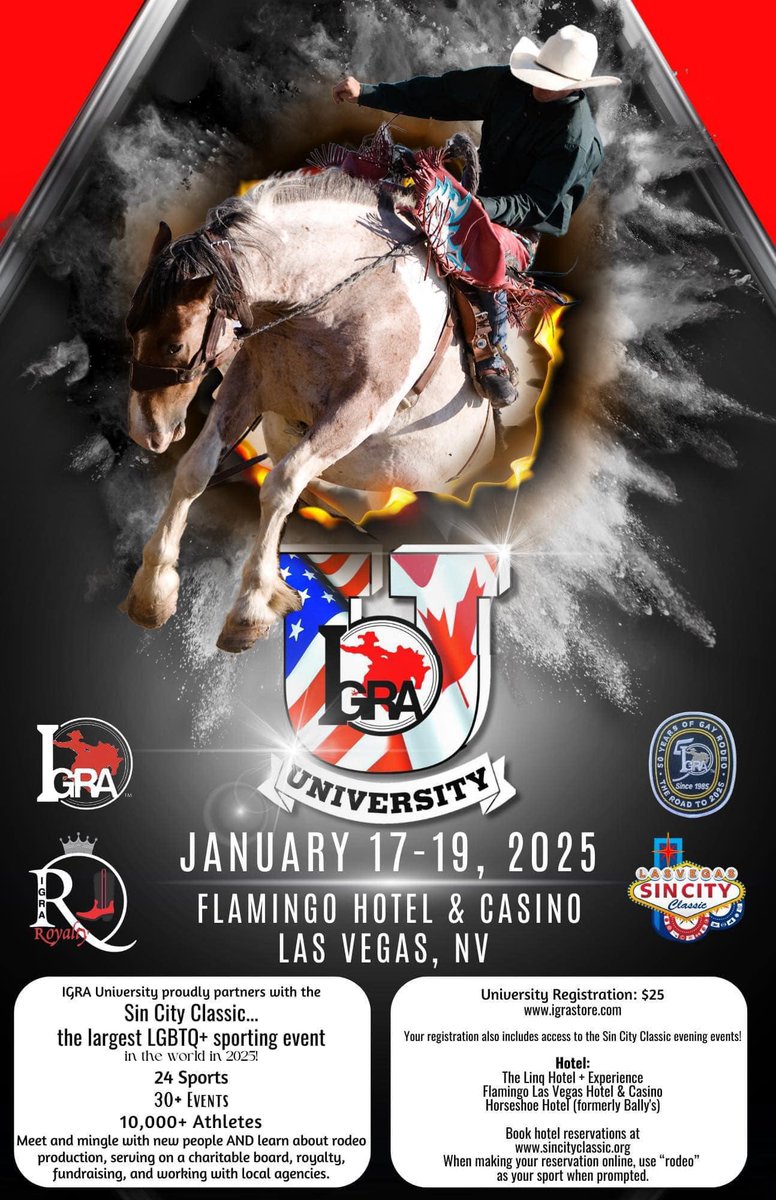 nevadagayrodeo's tweet photo. Make sure you register and book your hotel for IGRA University January 17-19, 2025 at the Flamingo Hotel &amp; Casino in Las Vegas, Nevada! IGRA University proudly partners with the Sin City Classic, the largest LGBTQ+ Sporting Evening in the world! https://t.co/NOU8XInVLz