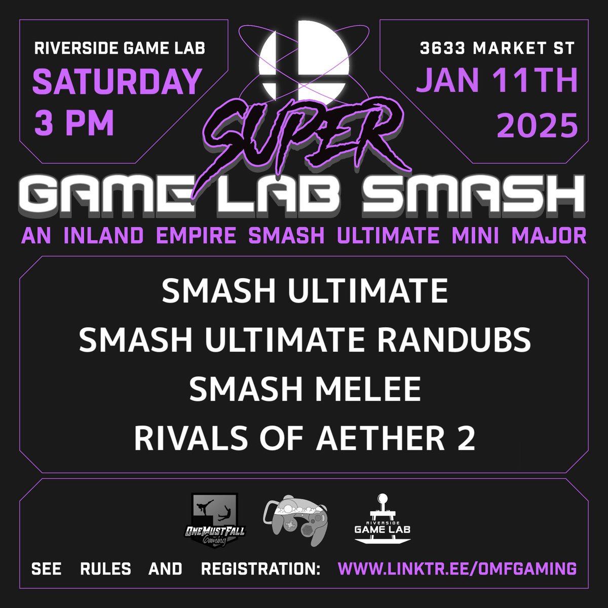 2 announcements today

GLS 160 this Friday Jan 3rd
-Randubs is back for those that show up on time

AND

Super GLS 9
Saturday Jan 11th
-Singles: Ultimate, Melee, Rivals 2
-Ult Randubs

Only inside <a href="/rivgamelab/">Riverside Game Lab</a> 
Watch live at <a href="/backyardsmash/">BYS</a> 

Links below
