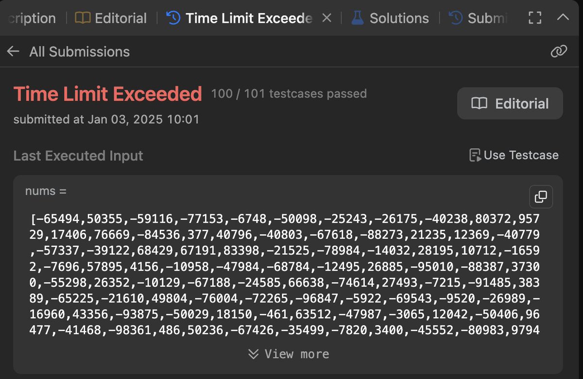 zakizaidi55's tweet image. That moment when you&apos;re so close to solving a LeetCode problem, but a TLE (Time Limit Exceeded) comes to ruin your day 😅. Time to optimize! 🧠💡 #LeetCode #CodingStruggles #TLE #ProblemSolving #DevLife