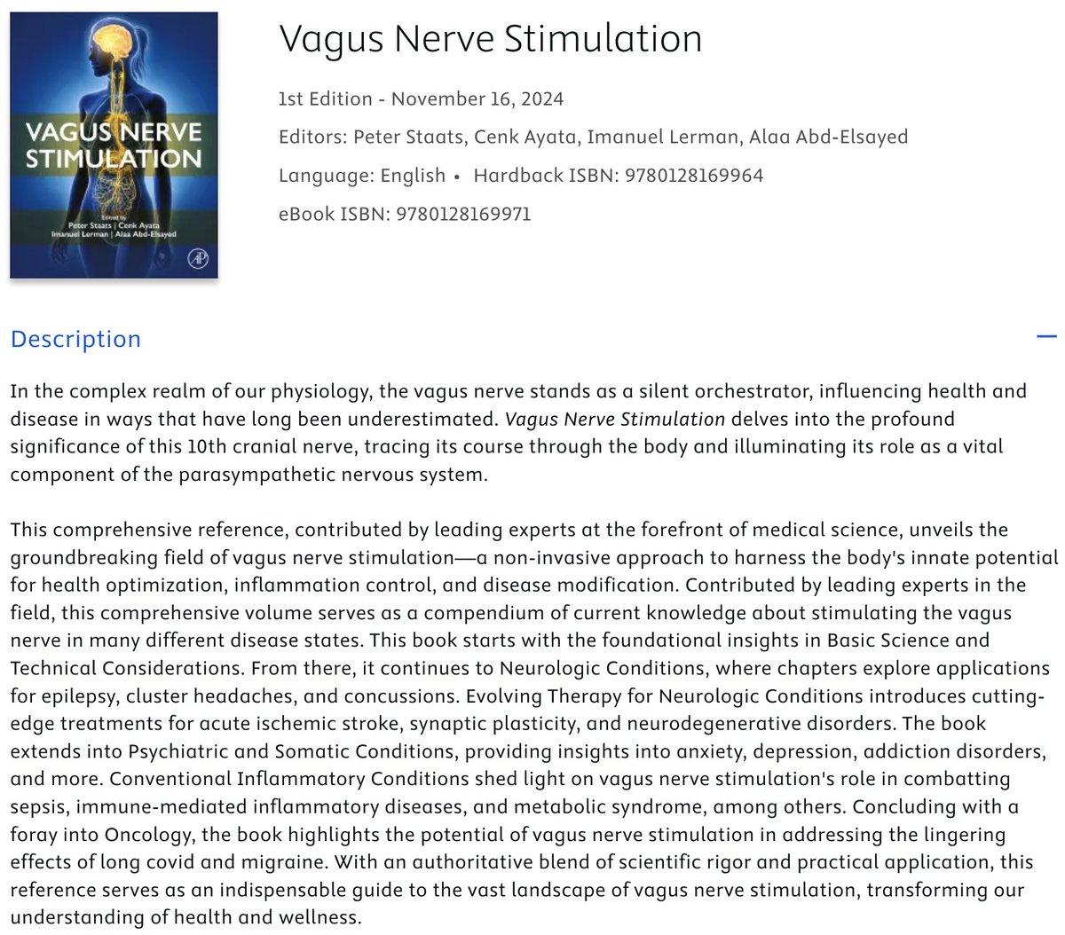 Happy new year! The book "Vagus Nerve Stimulation" by Peter Staats, Imanuel Lerman and colleagues is out, and I'm delighted to have contributed to two chapters: Vagus Nerve Stimulation for the Treatment of Heart Failure and PTSD.

Book: lnkd.in/gCgqqx-E
Heart Failure: