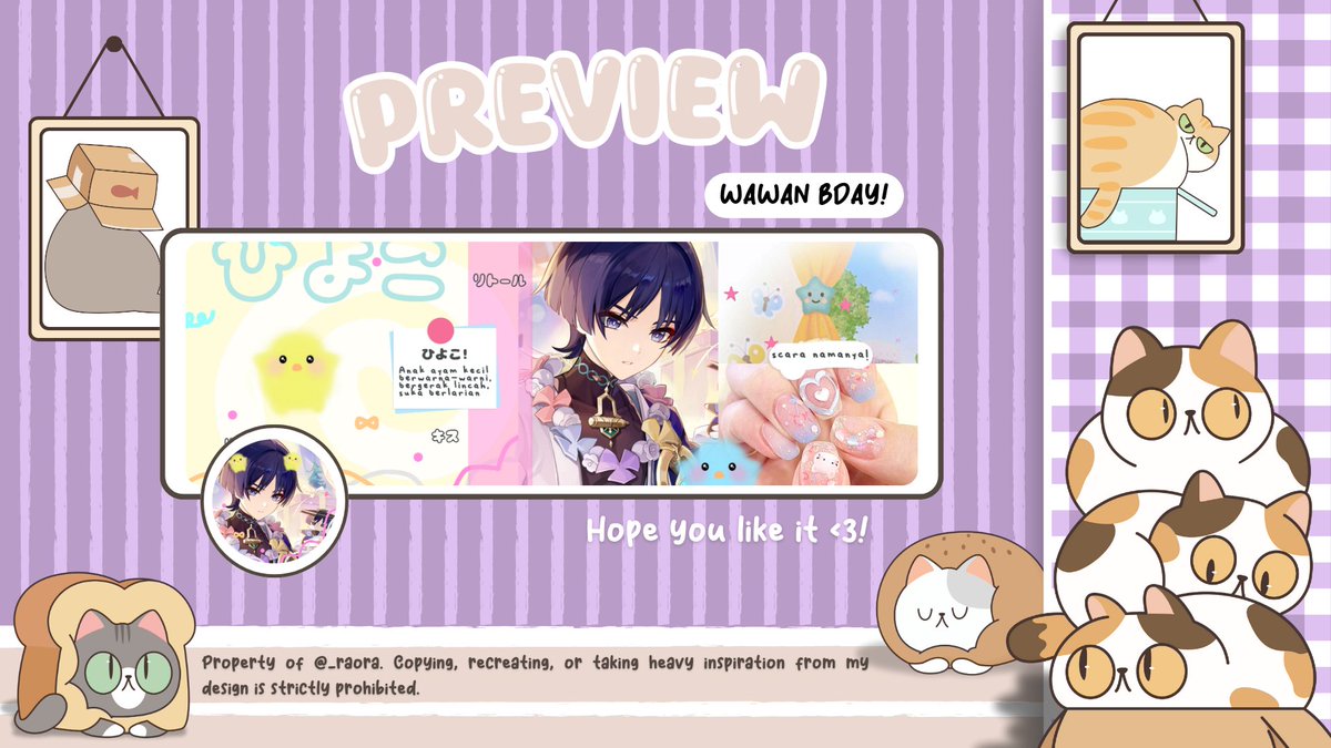 _raora's tweet image. Any interaction are appreciated 🪽

Aku bawa 2 layout special wanderer birthday nih!! Price ada di alt yaa, dan sudah bisa langsung dibungkus ☔

#zonauang #zonaba