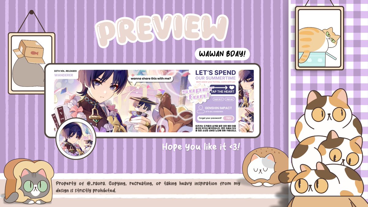 _raora's tweet image. Any interaction are appreciated 🪽

Aku bawa 2 layout special wanderer birthday nih!! Price ada di alt yaa, dan sudah bisa langsung dibungkus ☔

#zonauang #zonaba