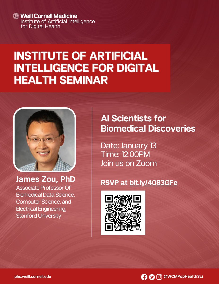 WCM_AIDH's tweet image. We are thrilled to have @james_y_zou kicking off our monthly seminar series in 2025. Dr. Zou will talk about his recent work on AI Scientists for Biomedical Discoveries. Register here bit.ly/4083GFe if you are interested in joining.