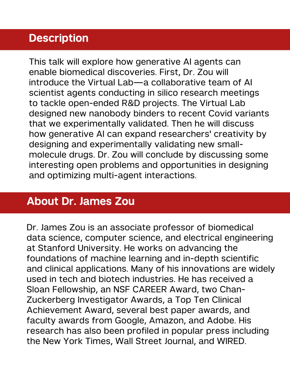 WCM_AIDH's tweet image. We are thrilled to have @james_y_zou kicking off our monthly seminar series in 2025. Dr. Zou will talk about his recent work on AI Scientists for Biomedical Discoveries. Register here bit.ly/4083GFe if you are interested in joining.