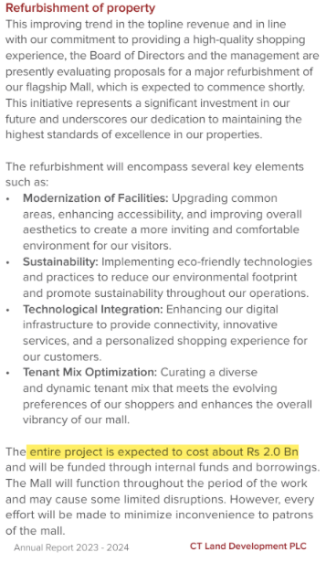 Channa_Amare's tweet photo. MC owner #CTLD spent Rs57 mn on capex WIP in 1H25
- Refurbishment cost estimated at Rs2 bn ➡️ Suggests much more work pending
CTLD and #CLND (owner of pioneer #lka mall LP) need strategy overhaul to take on newer malls CCC, HCM and OGF - and reverse share underperformance
#CSE https://t.co/bX4V9sWN2z