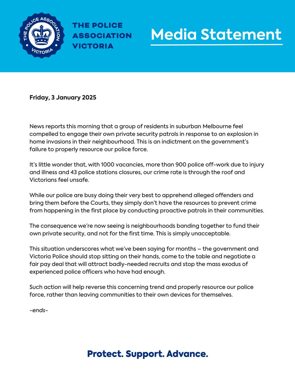 TPAV (@policeassocvic) on Twitter photo Our Media Statement in relation to the hiring of private security in our suburbs by local residents.
<a href="/JacintaAllanMP/">Jacinta Allan</a> <a href="/BradBattinMP/">Brad Battin MP</a> <a href="/ACarbinesMP/">Anthony Carbines MP</a> <a href="/Madelaine_Burke/">Madelaine Burke</a> Our Media Statement in relation to the hiring of private security in our suburbs by local residents.
<a href="/JacintaAllanMP/">Jacinta Allan</a> <a href="/BradBattinMP/">Brad Battin MP</a> <a href="/ACarbinesMP/">Anthony Carbines MP</a> <a href="/Madelaine_Burke/">Madelaine Burke</a>