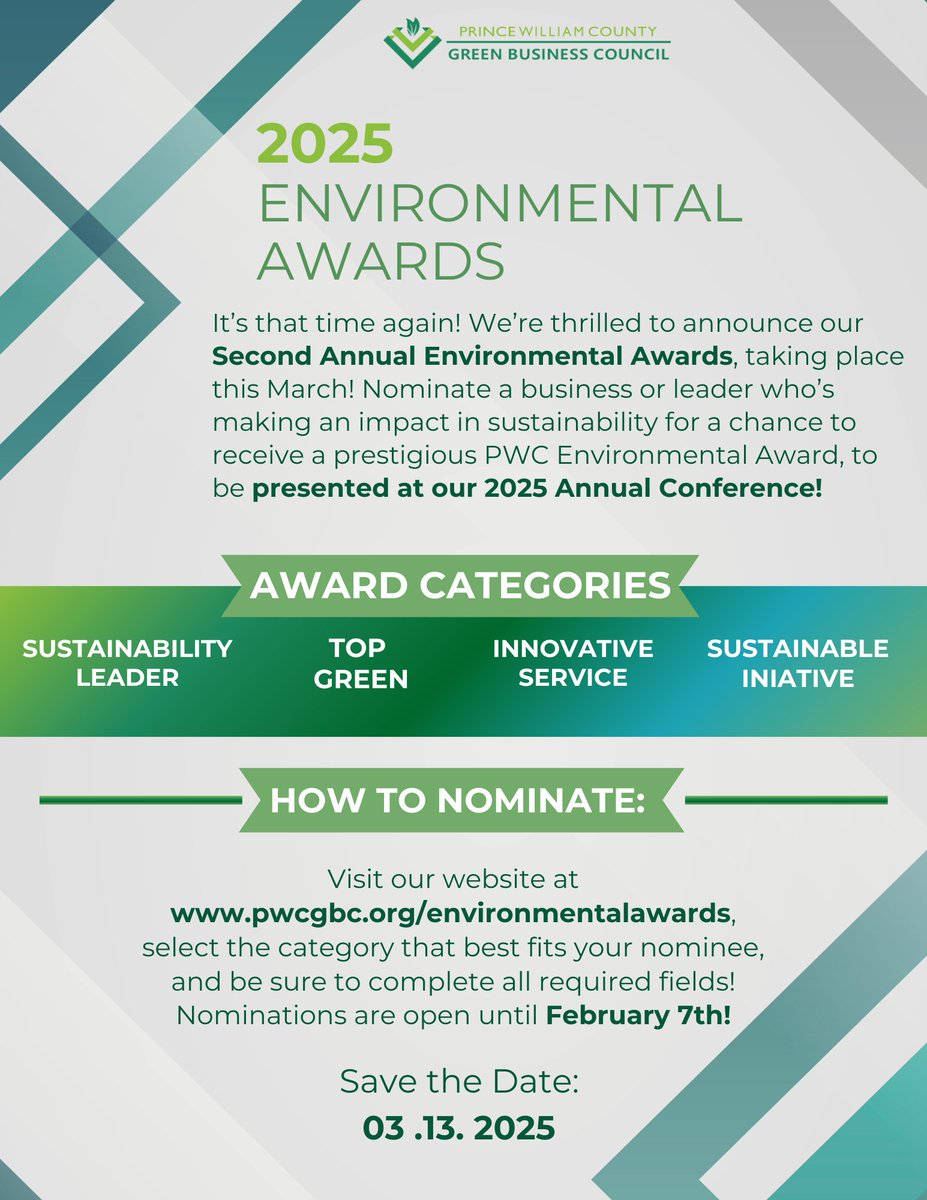 pwcgbc's tweet image. 🌍 Exciting news! Our 2nd Annual Environmental Awards are here! Nominate your business for making a positive impact on the environment and community.
Deadline: Feb 7th. 

Don’t miss out! Apply now: pwcgbc.org/2025environmen… #EnvironmentalAwards #Sustainability #GreenFuture