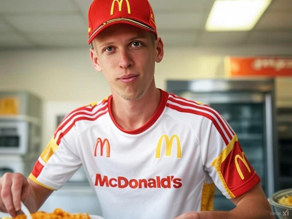 REALPaquito1's tweet photo. 🚨BREAKING: Dani Olmo has joined McDonald's as their new crewmember. Contract signed and sealed deal confirmed🍔✨

Sources confirm he'll be doing everything from taking orders to flipping burgers🔥

All paperwork completed, as his first shift starts tomorrow. #HereWeGo !✅🍟 https://t.co/yS8gYFKYzt