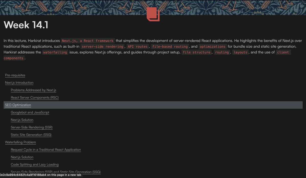 singh0369aman's tweet photo. "Completed Week 14.1 of the @kirat_tw cohort module! 🚀
Problems addressed by #NextJS
-Covered topics like:
-SEO Optimization
-Server-Side Rendering  &amp; Static Site Generation 
-Solving the Waterfalling problem

#GrindDaily #LearningJourney #100xDevs #code https://t.co/JVLdWpzfiA