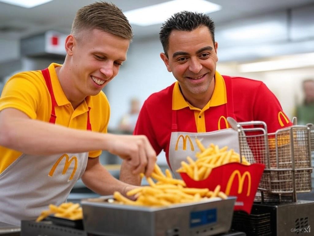 REALPaquito1's tweet photo. 🚨 Dani Olmo’s first day at McDonald’s and Xavi is by his side!

Xavi with his usual focus was teaching Dani the perfect fry technique "It’s about timing and consistency, 🍟✨

Olmo, smiling, replied, "I’m ready, manager." 🔥🍔

The duo is off to a great start. #HereWeGo ✅ https://t.co/p7sDnvHMZi