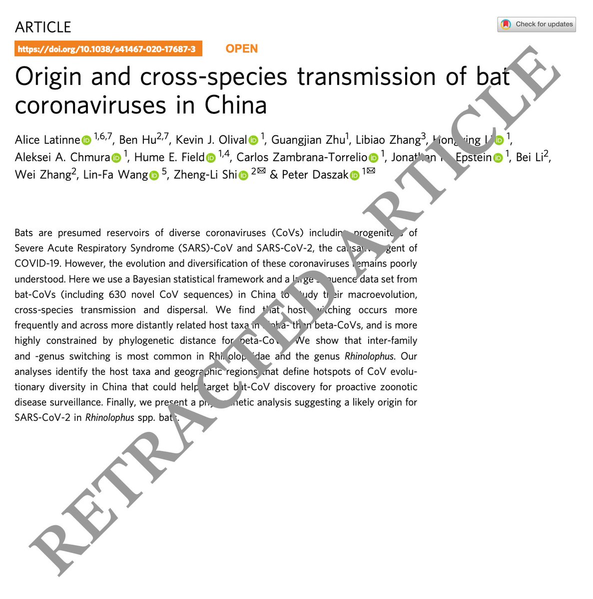 EcoHealth Alliance retracts and replaces paper on potential origin of COVID-19 in bats.
retractionwatch.com/2024/12/20/eco…