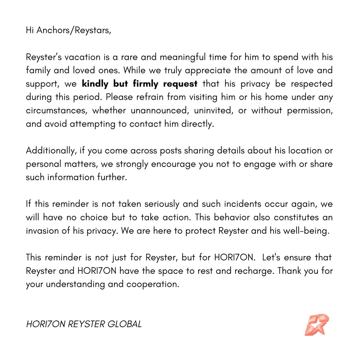 [NOTICE] 250103

A friendly reminder to Anchors/Reystars: Let us celebrate this year with love and support in a meaningful and respectful manner.