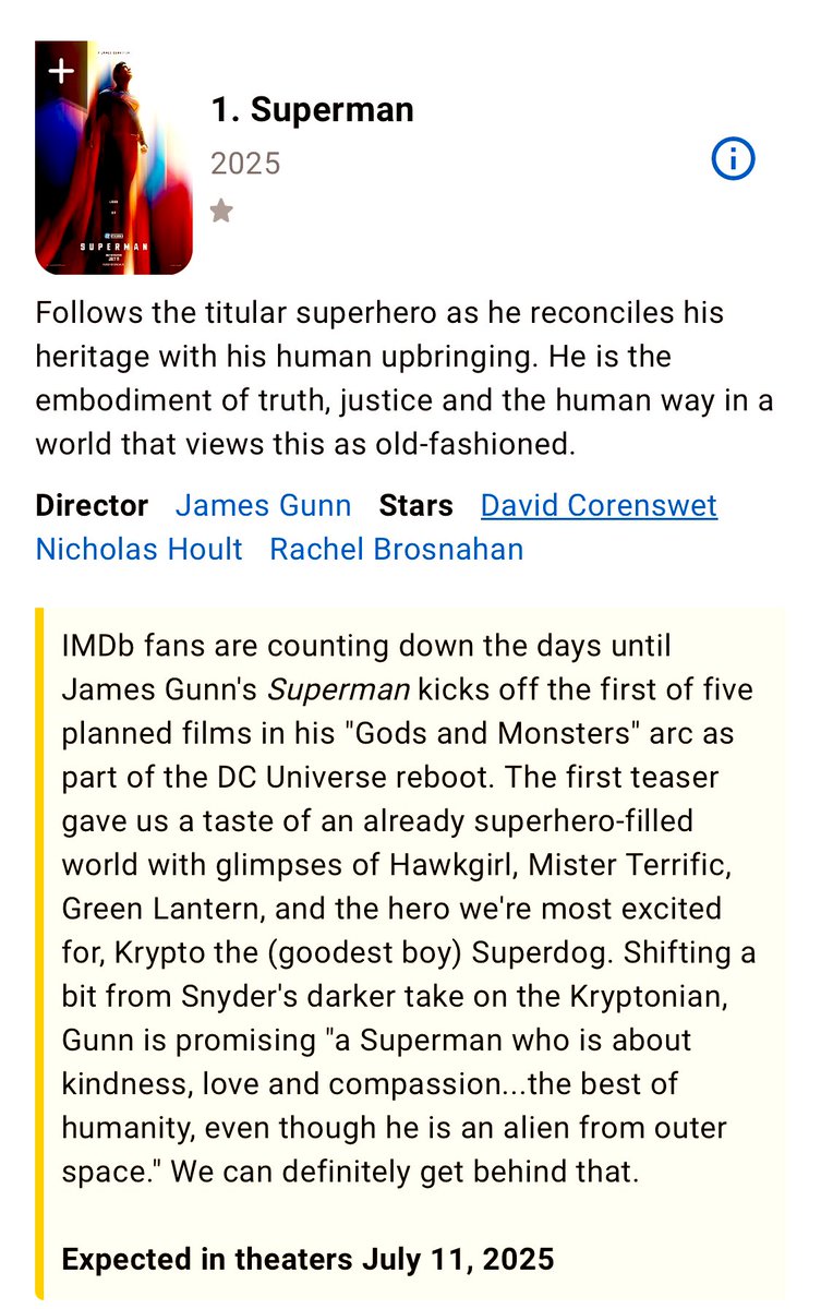 Luiz_Fernando_J's tweet photo. As I’ve said from day one, the incredible performance of the #SUPERMAN teaser trailer demonstrated, at the very least, a lot of interest.
IMDb seems to validate that, releasing their users’ Top10 most anticipated films of 2025, & SUPES lead the pack, in a very good company as you can see below.
Let’s hope all studios responsible for the 10 films below conduct efficient marketing campaigns to convert this level of interest in #BoxOffice receipts!