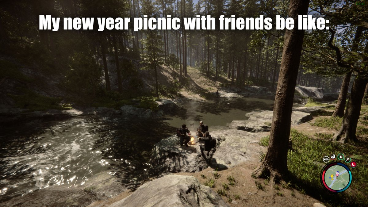 AnikDeysigns's tweet photo. I took this screenshot while playing "Sons of the forest" with friends, thought it would be a funny meme. But then realized who didn't play the game may think it is AI generated, cuz the girl has 3 legs and hands. So I used AI to remove her and now it is a "normal" screenshot. https://t.co/hPt3G6Qf2l