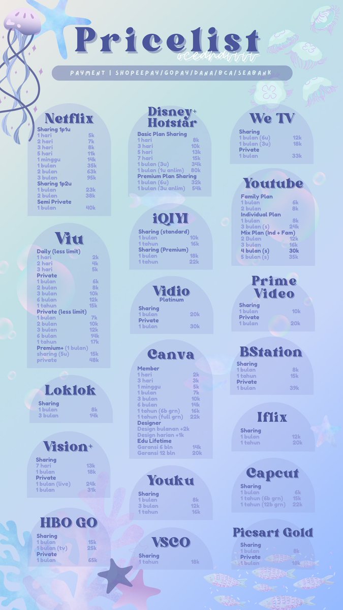 WTS WTB Netflix Viu Iqiy Disney+ WeTv Youtube prime video vidio canva bstation vision+ HBO GO youku VSCO capcut

Sung Dm Aja guys