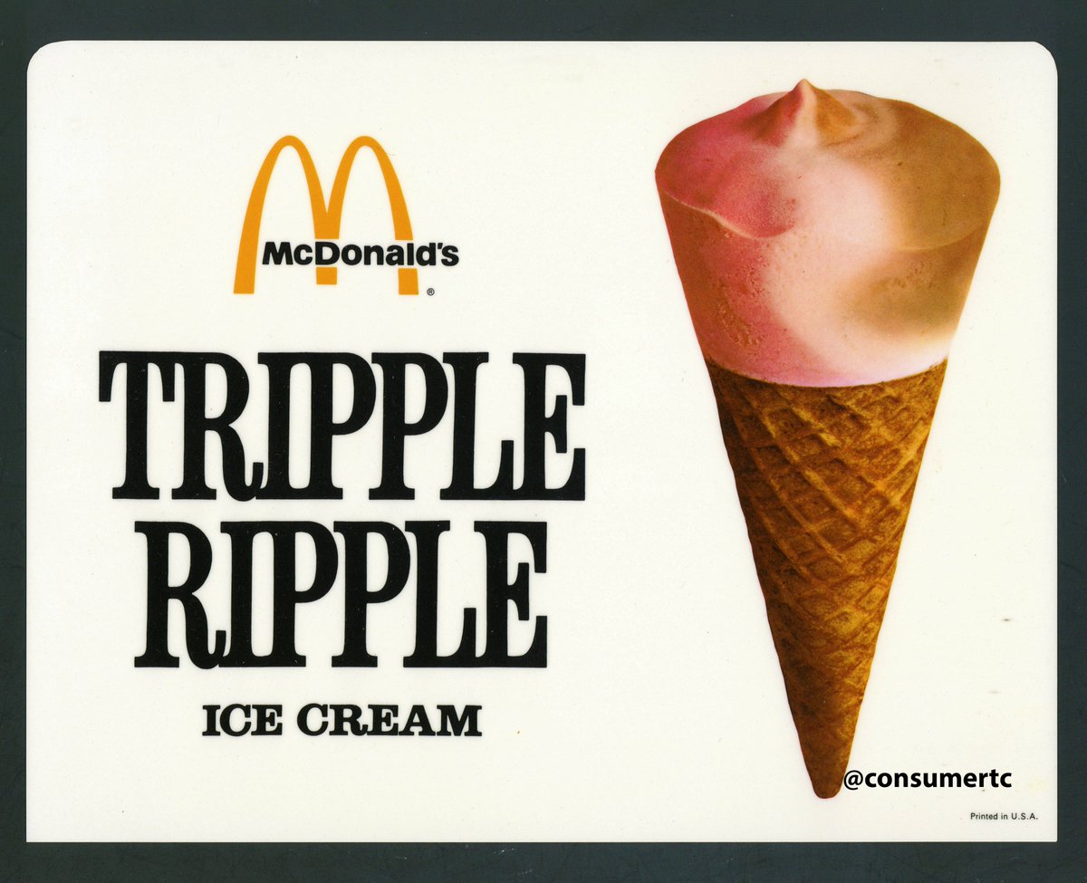 consumertc's tweet photo. The TRIPPLE RIPPLE cone was a mix of strawberry, chocolate &amp; vanilla ice cream. The dessert was licensed from Central Ice Cream on a handshake deal by Ray Kroc. When it was discontinued after just two years, it sent Central into bankruptcy and eventually led to a $15M+ settlement https://t.co/hbct993hP7