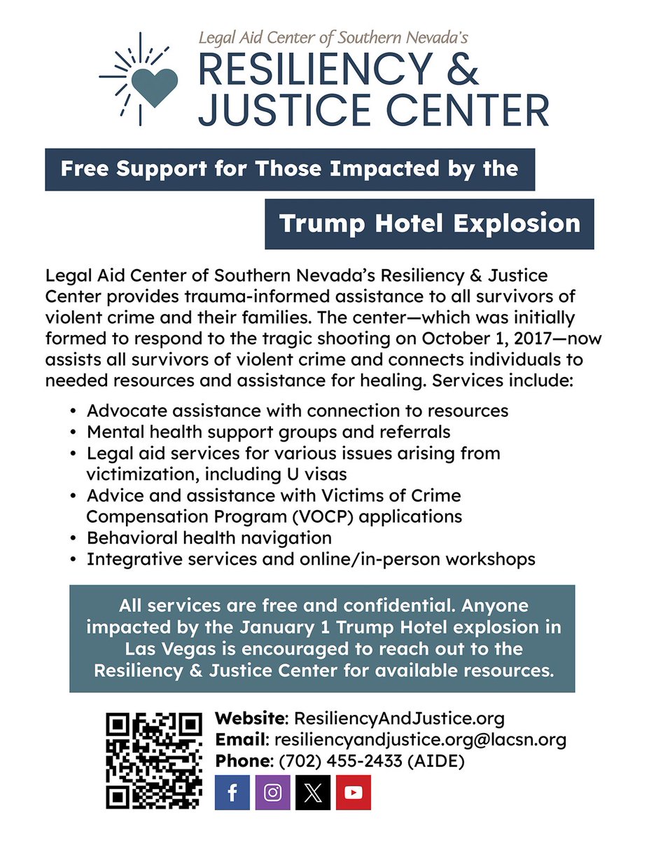 We're available to anyone impacted by yesterday’s incident at Trump International Hotel in Las Vegas. Our office is open 7:30am to 4pm weekdays at 2915 W Charleston Blvd, Suite 100. You can also complete an intake form online at ResiliencyAndJustice.org/intake or call 702-455-2433.