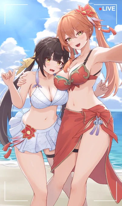 苦手な逆光の練習のために、以前描いた水着すーちゃん&amp;けいちゃんを加筆修正してみました〜!#HonkaiStarRail #崩壊スターレイル 