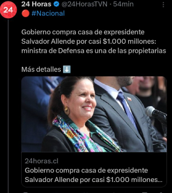 Iherreraa's tweet photo. - Presidente, no tenemos plata para los hospitales ni para los tratamientos contra el cáncer.
- No importa. Gastemos 1000 millones y compremos la casa de mi presidente Allende.  Eso es mas importante. https://t.co/yqAhNzHGaj
