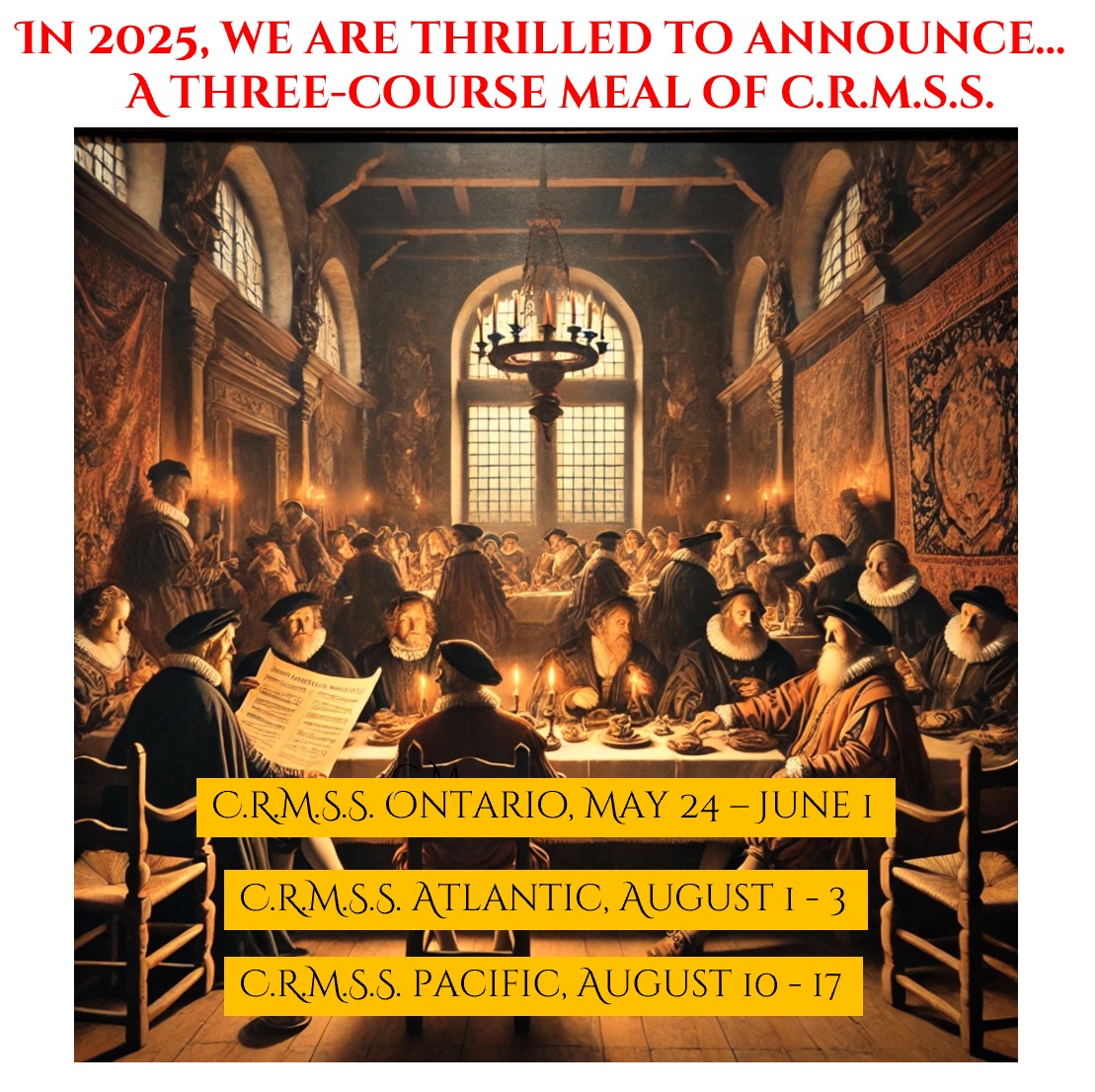 Canadian Renaissance Music Summer Schools (@canrenmusss) on Twitter photo Happy New Year, everyone! Not that anyone's 'all feasted out', but CRMSS would like to announce THREE COURSES in 2025... a veritable 3-course meal of CRMSS :-) 
Head to crmss.org to register today, no matter where in Canada you'd like to sing! Happy New Year, everyone! Not that anyone's 'all feasted out', but CRMSS would like to announce THREE COURSES in 2025... a veritable 3-course meal of CRMSS :-) 
Head to crmss.org to register today, no matter where in Canada you'd like to sing!