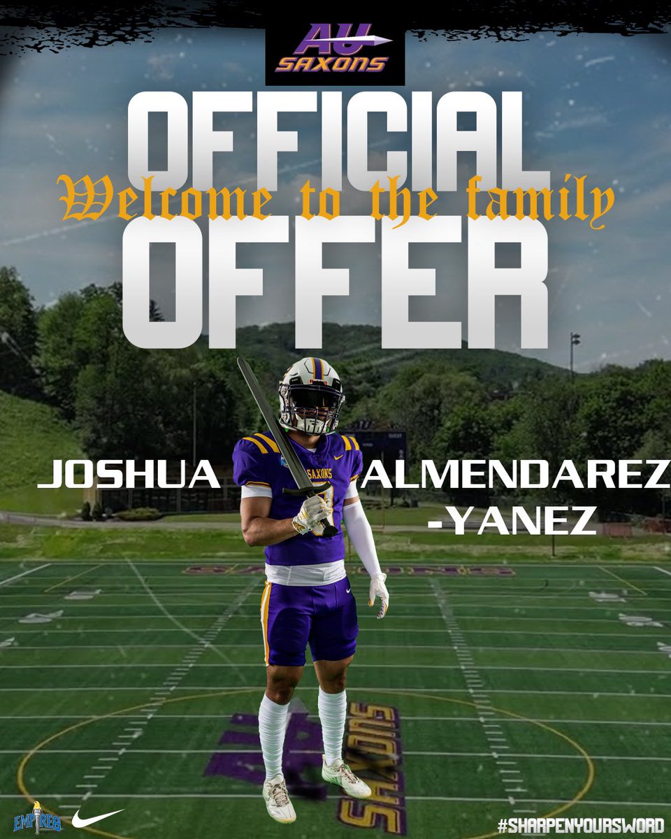 Joshua Almendarez (@jalmendarez07) on Twitter photo After a great call with <a href="/Coach_Rankl/">Bob Rankl</a> and the rest of the Alfred Coaching staff, I am grateful to receive my first offer to <a href="/AUSaxonFootball/">Alfred U Football</a>
<a href="/CoachMilesAU/">Hunter Miles</a> <a href="/CoachOlasupo/">Coach Mo</a> <a href="/BwoodFB/">Brentwood Football</a> <a href="/CoachRDeJesus/">Rich DeJesus</a> <a href="/Coach_Kuhlmeier/">James Kuhlmeier</a> After a great call with <a href="/Coach_Rankl/">Bob Rankl</a> and the rest of the Alfred Coaching staff, I am grateful to receive my first offer to <a href="/AUSaxonFootball/">Alfred U Football</a>
<a href="/CoachMilesAU/">Hunter Miles</a> <a href="/CoachOlasupo/">Coach Mo</a> <a href="/BwoodFB/">Brentwood Football</a> <a href="/CoachRDeJesus/">Rich DeJesus</a> <a href="/Coach_Kuhlmeier/">James Kuhlmeier</a>